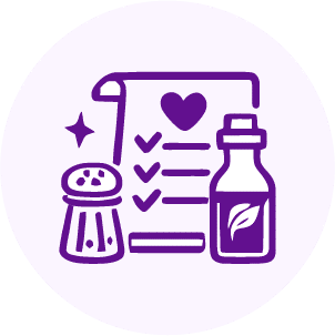 A purple icon of a recipe checklist with a heart, next to a salt shaker and a bottle with a leaf label, symbolizing cooking or healthy recipes.
