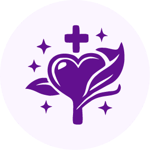 A purple heart-shaped flower with leaves, surrounded by four sparkles, and a cross above it, all on a light circular background.