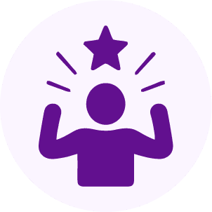 Purple icon of a person flexing their arms with a star above their head and lines radiating outward, symbolizing achievement or confidence.