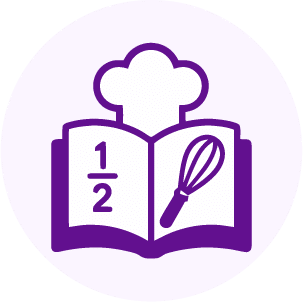 Purple icon of an open cookbook with a chef hat on top. The left page shows "1/2" and the right page has a whisk, all on a light circular background.