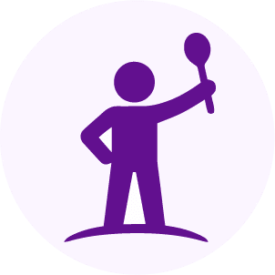 A simple purple icon of a person standing with one hand on their hip and the other hand raised, holding a large spoon.