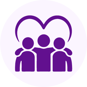 Three purple stick figures stand side by side with arms around each other, and a heart shape is formed above their heads, symbolizing friendship, support, and community.