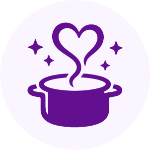 Purple icon of a cooking pot with steam forming a heart shape above it, surrounded by three sparkling stars, all on a light background.