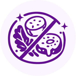 A purple icon of a diagonal line crossing out a donut, a cookie, and leafy greens, indicating no sweets or salad.