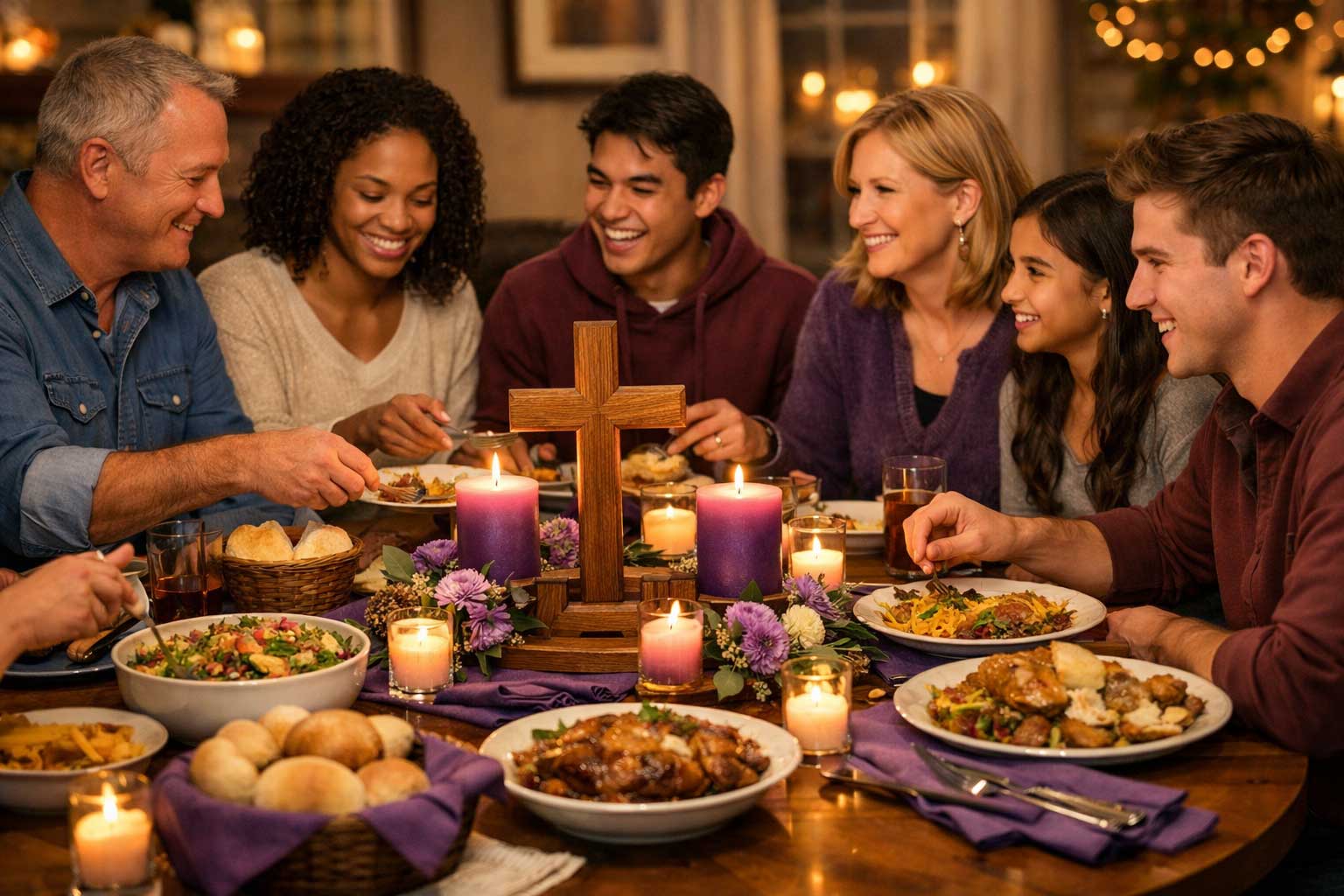 A diverse group of six people sit around a dinner table decorated with candles, purple flowers, and a wooden cross, sharing a festive meal and smiling warmly at each other.